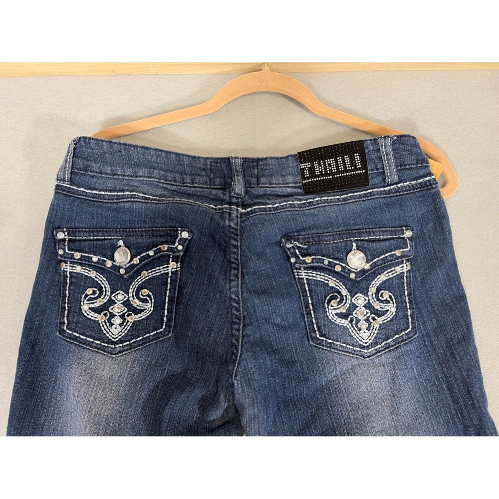 Thrill Womens Low Rise Skinny Jeans Dark Wash Rhinestone Embellished Size 9